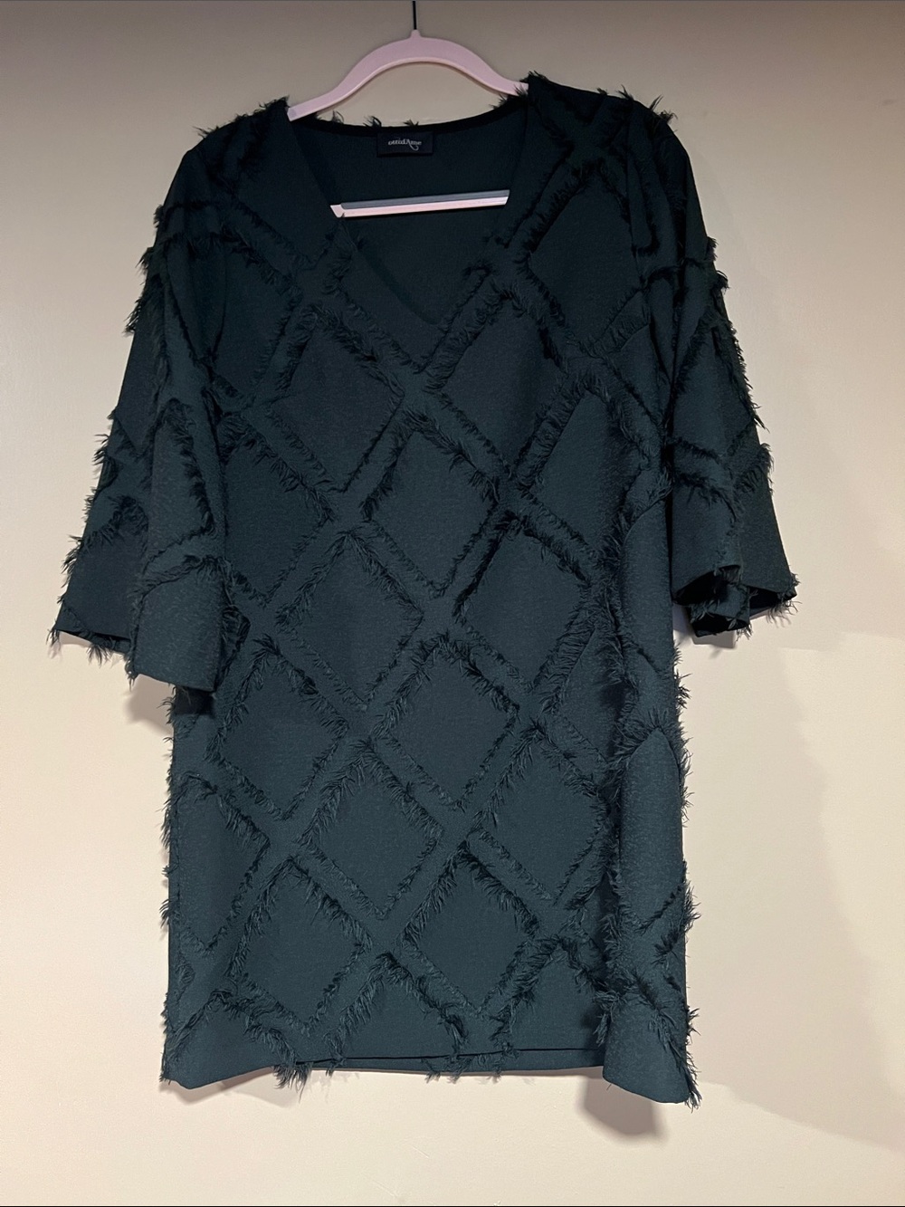 Dark Green Frayed Diamond V-Neck Mini Dress with pocket